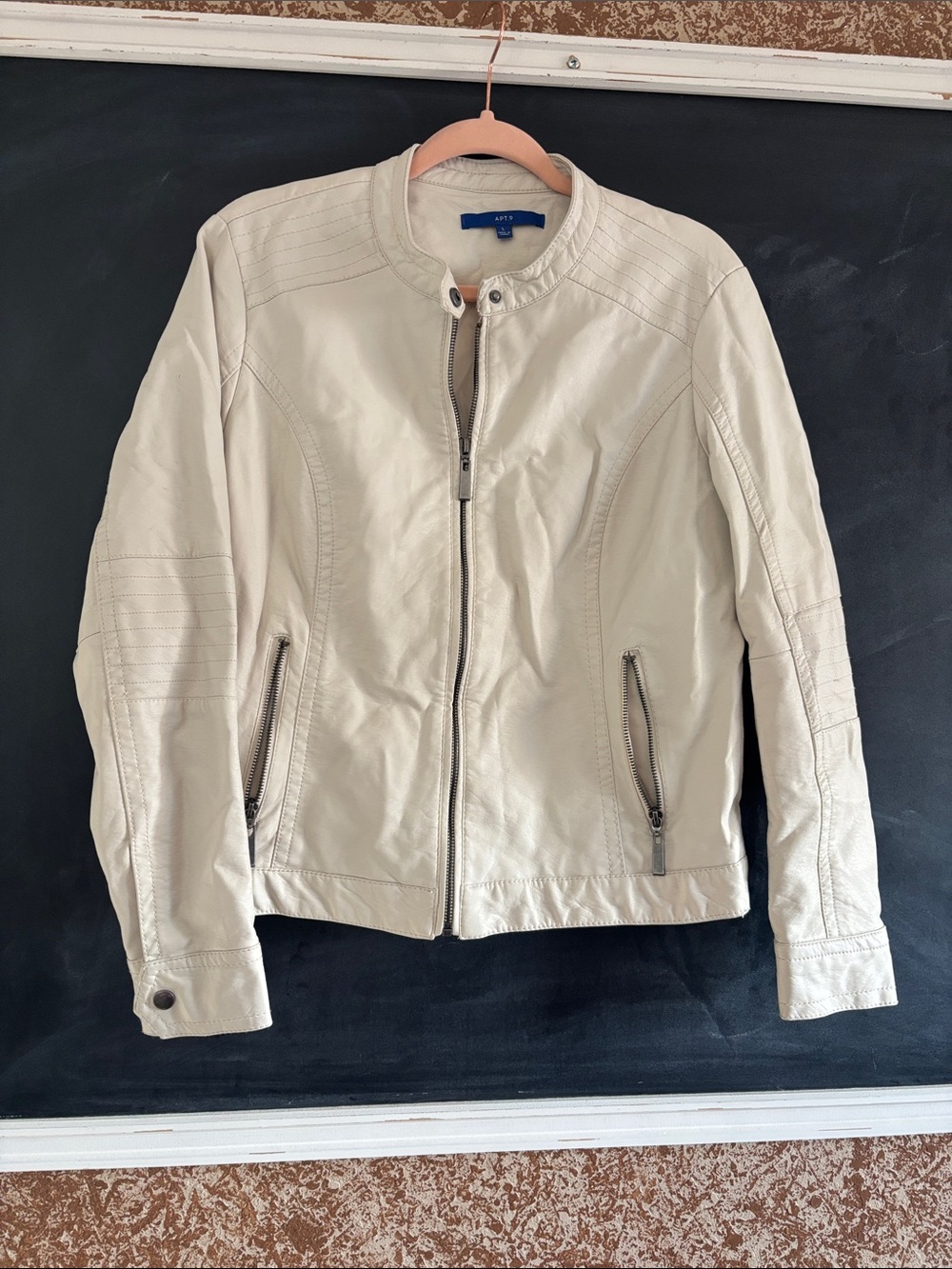 Light Cream Leather Zip Moto Jacket